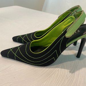 Pazzo black fabric heels with lime green stitching